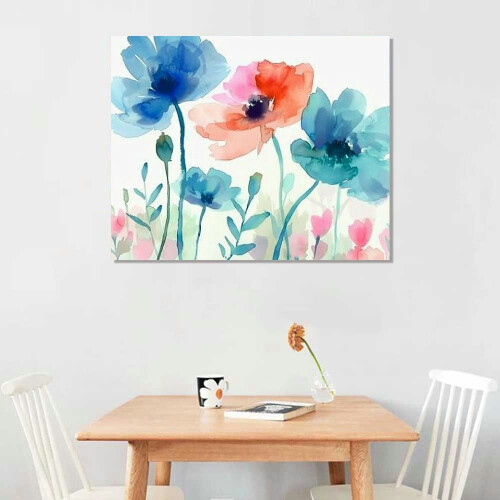 Aquarelle sur toile représentant une fleur corail turquoise 1