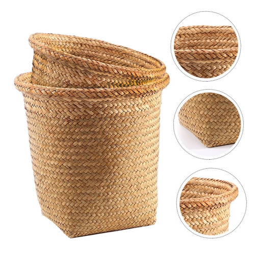 OUNONA 2Pcs Light Brown Woven Trash Can Straw Braid Basket Multipurpose Storage Container for Home 1