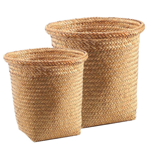 OUNONA 2Pcs Light Brown Woven Trash Can Straw Braid Basket Multipurpose Storage Container for Home 2