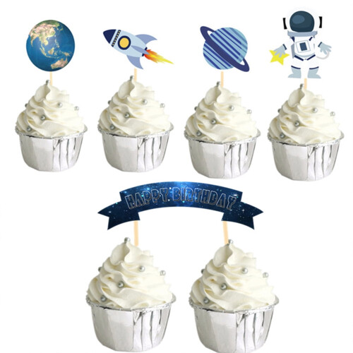 KALLORY 26Pcs Outer Space Themed Cake Topper Birthday Cake Insert Topper Creative Cake Picks Assorted Color 1