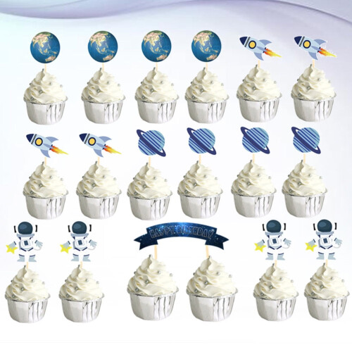 KALLORY 26Pcs Outer Space Themed Cake Topper Birthday Cake Insert Topper Creative Cake Picks Assorted Color 2