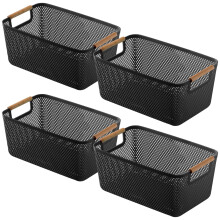 4-Pack Stackable Wire Baskets with Wooden Handles, Black Plastic Storage Bins for Pantry, Home & Kitchen Organization