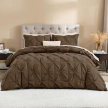 Brown Queen Pinch Pleat Duvet Cover Set, 3-Pc Microfiber Bedding with Zipper & Corner Ties (90x90")