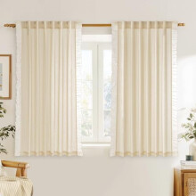 Ruffle Farmhouse Linen Striped Curtains, Light Filtering, Rustic Vintage Print, Yellow, 52"x63", 2 Panels, Compatible with Standard Rods