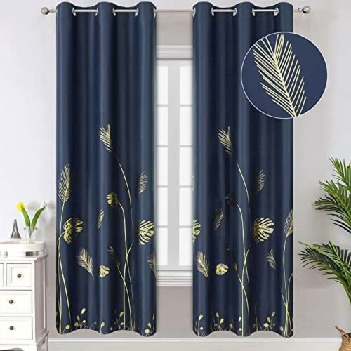 Blackout Curtains Navy Blue Gold Palm Pattern 38x72 Inch 2