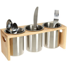 3-Pack Silverware Holder: Stainless Steel Utensil Organizer with Wood Base, Compatible with Spoons/Knives/Forks