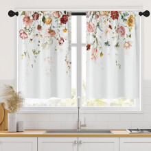 Pink & Red Rose Spring Kitchen Curtains Set of 2, 26x36 Inch Botanical Tier Curtains for Sink, Dining Room (Compatible with Standard Rods)
