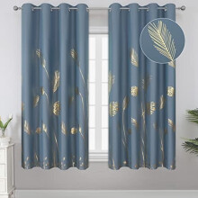 Stone Blue Blackout Curtains, Gold Palm Pattern, 52"x63", 2 Panels, Light Blocking & Thermal Insulated – Compatible with Standard Rods