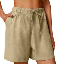 Calças casuais femininas, shorts de algodão e linho, cor sólida, confortáveis, com elástico e pernas largas.