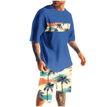 Conjunto de shorts masculino, conjunto de 2 peças, blusa esportiva slim com estampa, gola redonda, cintura elástica e manga curta com gola redonda.