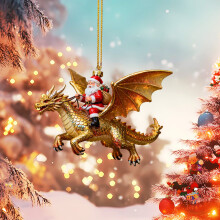 Pingente de acrílico com Papai Noel montado em um dragão, design plano 2D