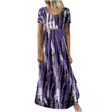 Sommerkleid-Aktion! Kleid für Damen, Batikmuster, schwingendes Blumenkleid, kurzes, lässiges Minikleid, Lila, XL