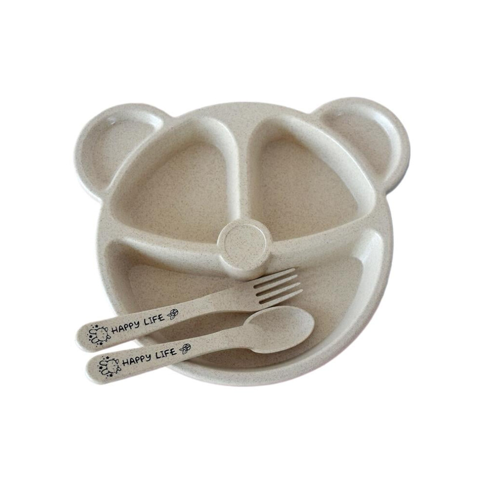 Kids Wheat Straw Divided Plate Set with Spoon Fork， Bear Design， Drop-Resistant & Safe Tableware