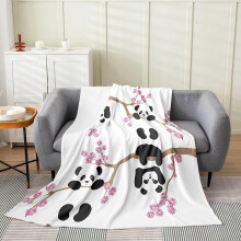 Couverture polaire Kawaii Panda dessinée à la main pour enfants – Fleurs de cerisier roses, légère et chaude, compatible avec la décoration de