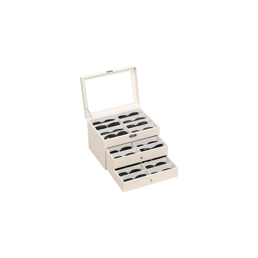 Leather Clear Lid 24 Piece Eyeglasses Storage and Sunglass Glasses Display Drawer Lockable Case Organizer,Beige,MKAW047