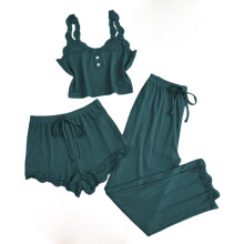 Damespyjamaset met kanten afwerking, 3-delig – Spaghettibandjes, zachte stretch nachtkleding (korte/lange broek), maten S-3XL