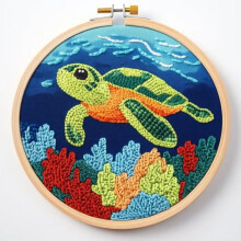 DIY Punch Needle Kit for Beginners: Green Sea Turtle Design with Hoop – Easy Craft Set for Adults & Kids, Festival Gift & Decoration (20x20cm)