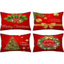 Lot de 4 housses de coussin de Noël 12x20 pouces – Motif sapin de Noël rouge et clochettes, housses de coussin lombaire pour canapé/fauteuil