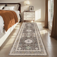 Tapis de couloir fleuri vintage 60 x 180 cm, lavable en machine, antitache, envers antidérapant, poils courts – Marron