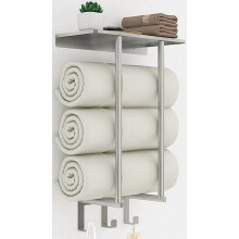 Porte-serviettes mural pour salle de bain, avec étagère et 3 crochets, finition nickel brossé, pour grandes serviettes roulées.