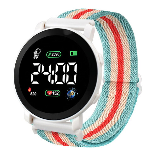 Relógio eletrônico LED com mostrador redondo luminoso, exibição de hora e data, pulseira elástica trançada ajustável – compatível com todos