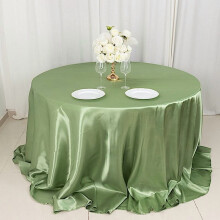Nappe ronde en satin vert sauge BalsaCircle 132 pouces pour mariages, réceptions, traiteurs et décorations.