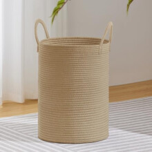 Large Laundry Hamper, Tall Woven Rope Storage Basket for Blanket, Toys, Dirty Clothes in Living Room, Bathroom, Bedroom - 58L Jute