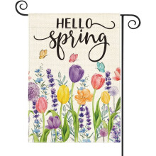 Flaga ogrodowa SPXUBZ Hello Spring Tulip Lavender, dwustronna, 12x18 cali, sezonowa, zewnętrzna, do ogrodu kwiatowego
