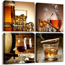Ensemble de 4 toiles décoratives représentant des verres à vin, 30 x 30 cm, prêtes à être accrochées, compatibles avec une décoration moderne