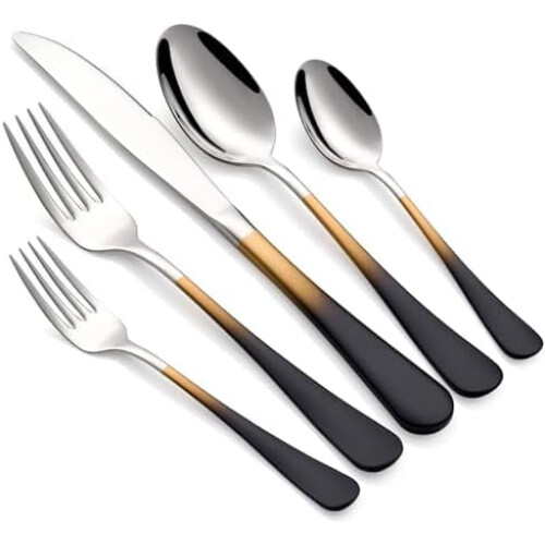 Stainless Steel Flatware Set Black Gold Handles 20-Pc