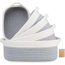 5-Pc Rectangular Cotton Rope Storage Baskets – Natural Woven Bins for Nursery, Montessori, Pet Toys, Bathroom; Compatible with Home Organization