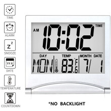 Digital Travel Alarm Clock - Foldable Calendar, Temp & Timer LCD, Snooze, Large Numbers, Battery Operated (Silver, No Backlight)