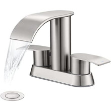 Waterfall Bathroom Sink Faucet in Brushed Nickel, Two-Handle Basin Mixer with Metal Pop-Up Drain Stopper, Compatible with 2 or 3 Hole Installations