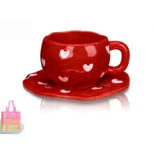 Valentine's Day Ceramic Coffee Mug with Saucer Set, Ideal for Tea & Coffee ,Heart-Design Ceramic Cups, Creative Love Heart Tea CupsCute(1pc - L)