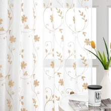 Yellow Sheer Curtains 63 Inch Length 2 Panels Yellow and White Embroidered Floral Pattern Semi Sheer Window Curtains for Bedroom Living Room