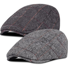 Fashion 2 Pack Newsboy Cap for Men Adjustable Herringbone Tweed Wool Hats Blend Flat Cap Ivy Cabbie Driving Hat