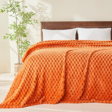 Super Soft Orange Queen Blanket, 350GSM Silky Flannel Fleece with 3D Clouds Jacquard – All Season, Lightweight