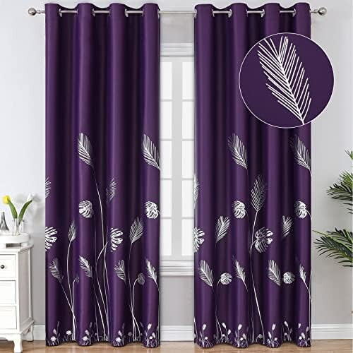 Cortinas blackout roxas, 2 painéis, 52x102 polegadas, estampa de palmeiras prateadas