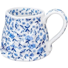 Keramische mok met bloemenprint, blauw, 590 ml, met groot handvat.