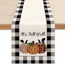 Chemin de table automnal à motif citrouille et feuilles d'érable, carreaux orange et buffalo – 33 x 183 cm, idéal pour la maison et les fêtes.