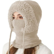 Čiapka Beanie 3 v 1 so šatkou a maskou pre ženy – teplá pletená zimná kukla, vetruodolná sada masky na tvár a šatky (BÉŽOVÁ)