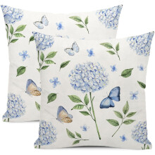 Capas de Almofada Primavera 40x40cm, Conjunto de 2, Capas de Almofada de Linho com Estampa Floral de Hortênsias Azuis para Sofá – Compatíveis