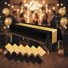Lot de 12 nappes jetables à pois noirs et dorés + chemin de table en satin doré – Fournitures pour mariage, anniversaire, baby shower,