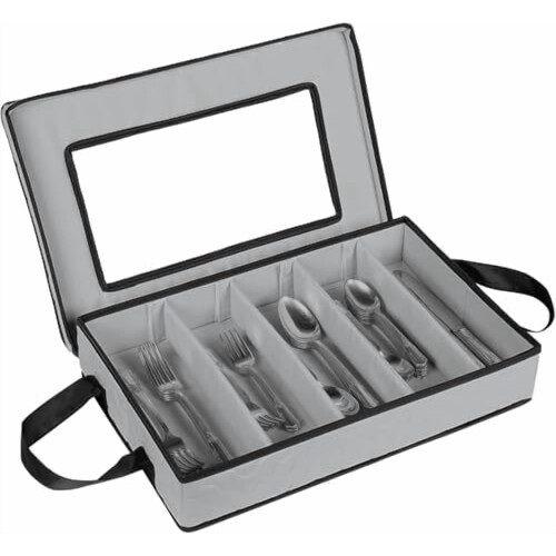 5-Compartment Flatware Storage Case with Removable Lid & Carry Handles – Large Capacity, Durable, Gray