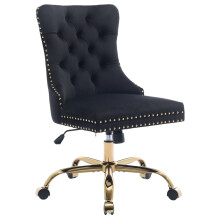 PAPROOS Vanity Chair, Swivel Ergonomic Office Chair with Golden Metal Base, Adjustable Height & Velvet Tufted Seat, Black – compatible with home