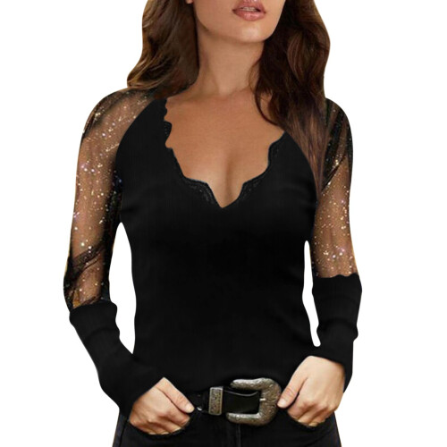 YOUSNH Γυναικείο Νέο Λεπτό Ελαστικό Μπλούζα με V-Neck και Στάμπα, Δαντέλα, Σέξι, 1