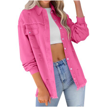 Spijkerjas voor dames met lange mouwen, reverskraag, lichte wassing, effen kleur, lichtgewicht, knoopsluiting, klassieke bovenkleding (Z03#Hot Pink,M)