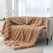 Faux Fur Throw Blanket 3D Ribbed Jacquard Beige 52x64 Inch
