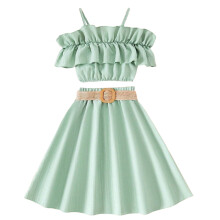 Ediodpoh Kids 3PC Summer Outfit: Sleeveless Ruffle Top + Skirt with Belt, Green, for Girls 8-9 Years