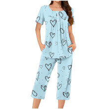 phíosa Pijamas Samhraidh Cadáis do Mhná Tacar Éadaí Codlata Gearra Muinchille le Barr le Bríste Capri Tacar Pijamas S-3XL